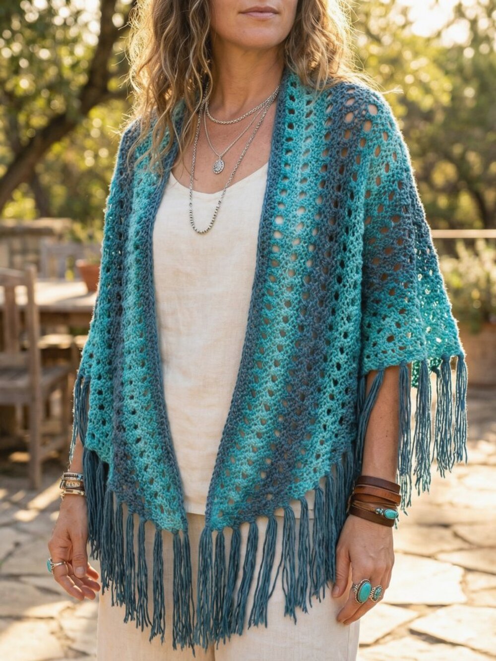 NEW Blue Ombre Hand Knitted Shawl Wrap Scarf Boho Hippie Fringe Arts Cottage Mod